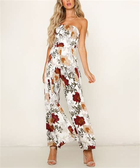 Laklook White And Red Floral Tie Back Strapless Jumpsuit Women In 2022