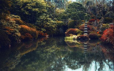 Nature Landscape Japanese Garden Trees Shrubs Bridge