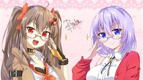 2girls Blue Eyes Blush Bow Breasts Brown Hair Cleavage Collar Glasses