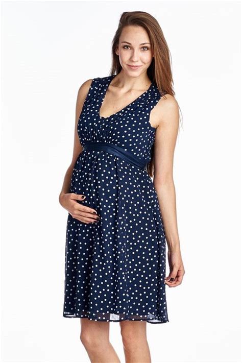 Sleeveless Polka Dot Chiffon Maternity Dress With Satin Back Tie Navy Dresses Maternity
