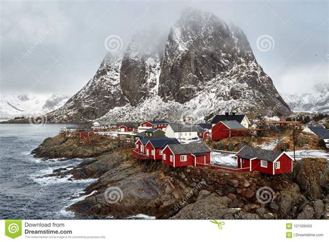 The Fishing Village Of Hamnoy On The Lofoten Islands Norway With Red
