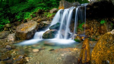 Waterfall Between Trees Rocks During Daytime Hd Wallpapers Hd