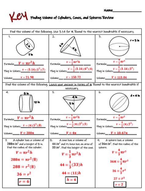 Volume Of Cylinders Cones And Spheres Review With Word Problems