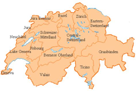Landen en provincies onderverdeeld in eigen kleuren. Kaart Zwitserland Kantons | familiesteeman