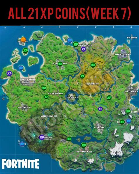 All 9 xp coins locations in fortnite week 1 (green, blue & purple)! Updated map for Week 7 XP Coins. Fortnite Chapter 2 Season ...