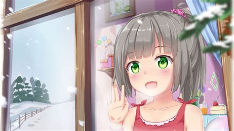 Desktop Wallpaper Looking Through Window Green Eyes Anime Girl Hd