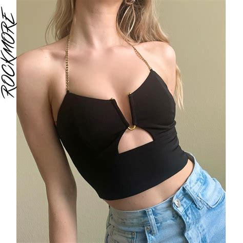 Rockmore Sexy Halter Crop Top Women Clubwear Backless Camis V Shaped Metal Hollow Out Summer