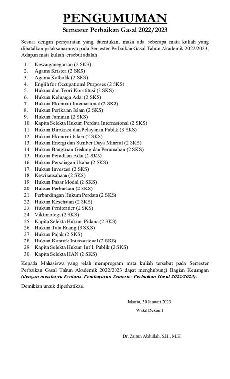 PENGUMUMAN SEMESTER GASAL 2022-2023 – FAKULTAS HUKUM UNIVERSITAS PANCASILA