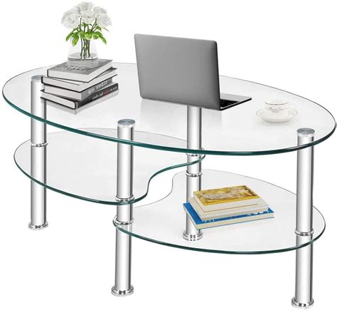 Alpulon Tempered Glass Coffee Table Oval 3 Tier Steel Tea Table For