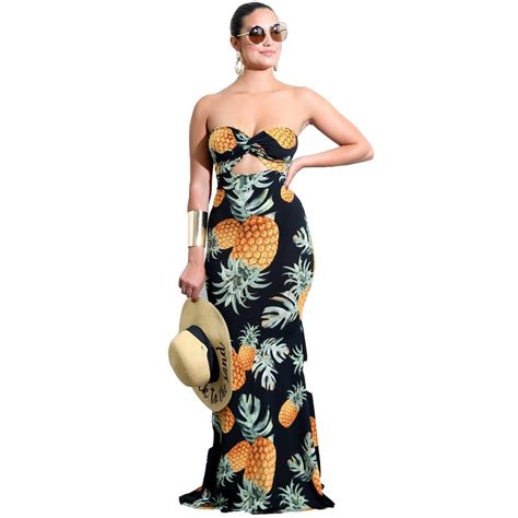 Runway Fruit Print Maxi Dress Casual Strapless Mermaid Bodycon Long Dress Women Sexy Hollow Out