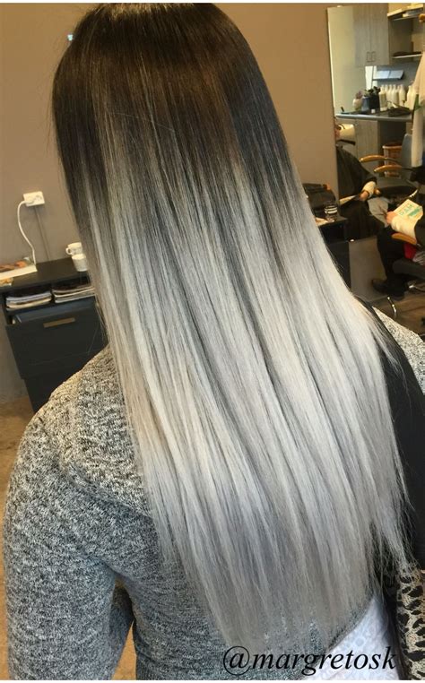 Black Root To Platinum Silver Ends Silver Ombre Gray Hair Hair