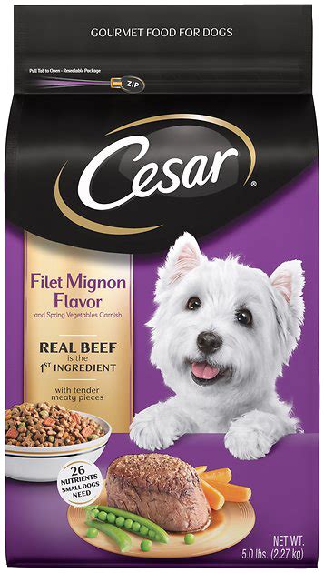 What kind of dog is on cesar pet food? Cesar Filet Mignon Flavor & Spring Vegetables Garnish ...