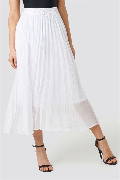 Drawcord Pleated Midi Skirt White