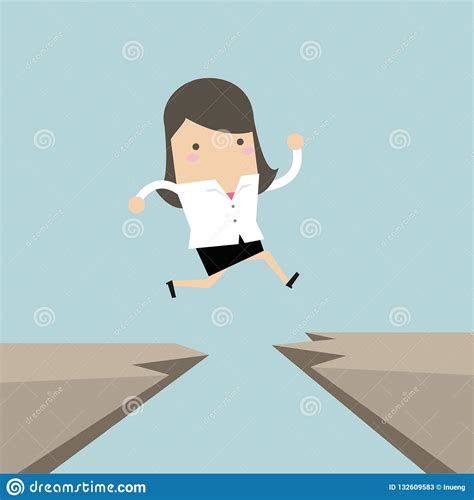 Businesswoman Jump Through The Gap From One Cliff To Another Stock