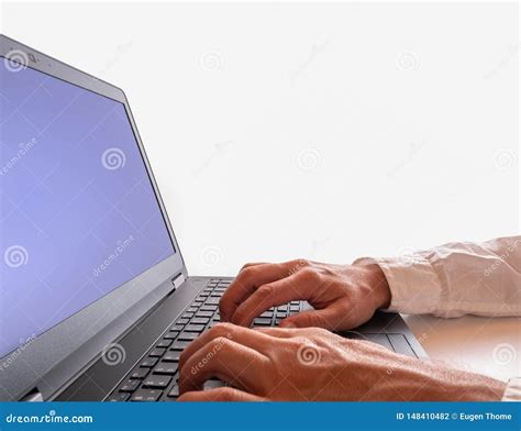 A Man Is Typing On The Notebook Stock Photo Image Of Working Worker