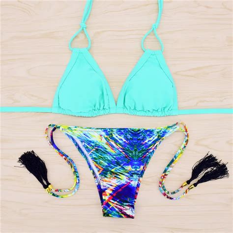 Bikini 2017 Swimwear Women Sexy Halter Lake Blue Top Bikini Wire Free Floral Pattern Underwear