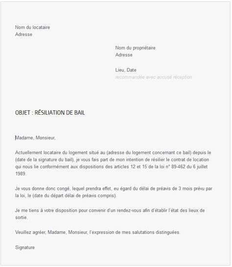 Resiliation Bail Location 1 Mois Modele De Lettre Type