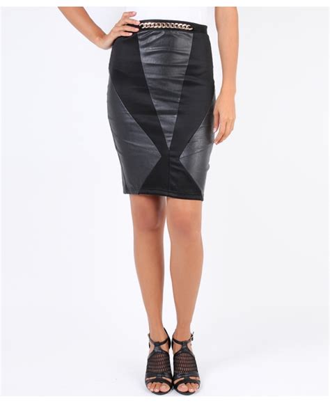 Leather Look Panelled Bodycon Skirt Pencil Work Outfit