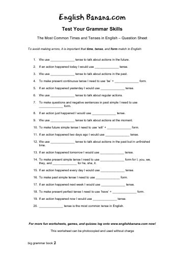The Most Common Times And Tenses In English Question Sheet English