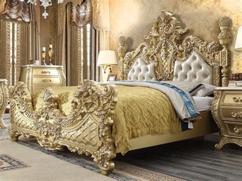 Antique Gold And Leather Cal King Bedroom Set 3pcs Homey Design Hd 1801