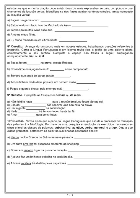 Atividades Com Verbos 7o Ano Com Respostas