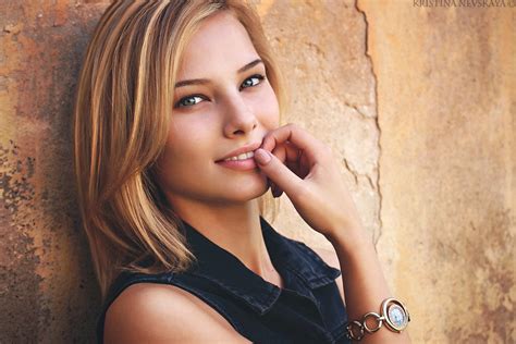 Women Model Portrait Blonde Kristina Nevskaya Smiling Looking At Viewer Finger In Mouth