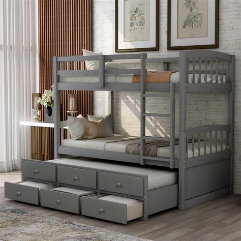 Aukfa Twin Over Twin Bunk Bed With Trundle And Storage Twin Bunk Beds For Bedroom Gray