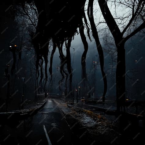 Premium Photo Scary Street In The Night Covered With Darkness A
