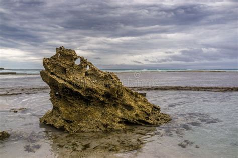 Beautiful Eroded Rock At Low Tide On Ocean Coastline Stormy Weather