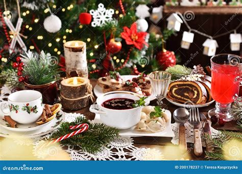 Traditional In Poland Christmas Eve Dishes On Festive Table Stock Image