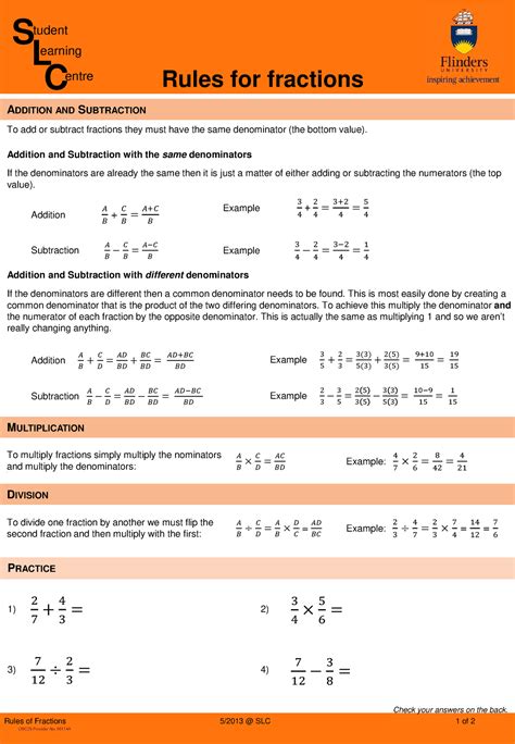 Rules For Fractions Fraction Summary Rules For Fractions Tudent C