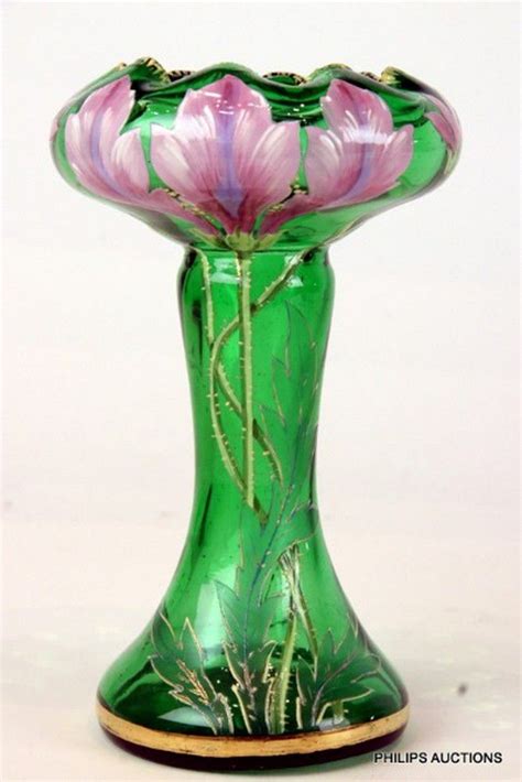 Green Glass Art Nouveau Vase With Floral Decoration French Glass