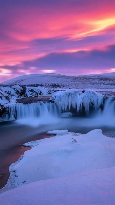 Winter Landscape Sunset Evening Waterfall Snow River Iceland