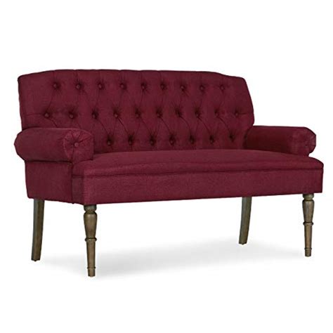 Burgundy Vintage Button Tufted Settee Sofa Bench With Linen Fabric And