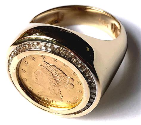 Mens Diamond And Gold Coin Ring Featuring A Genuine Usa Liberty Gold