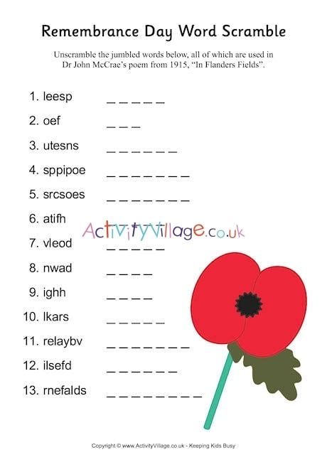 Remembrance Day Word Scramble