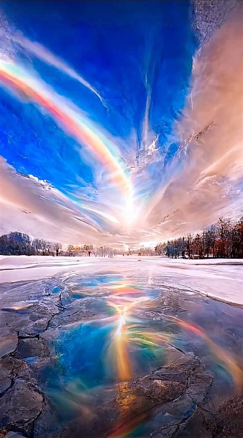 The Sky Is Filled With Rainbows And Clouds Over A Frozen Lake In Wintertime