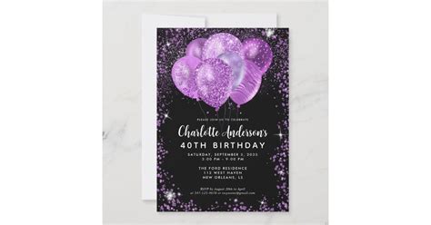 Glam Black Purple Violet Glitter Balloon Birthday Invitation Zazzle