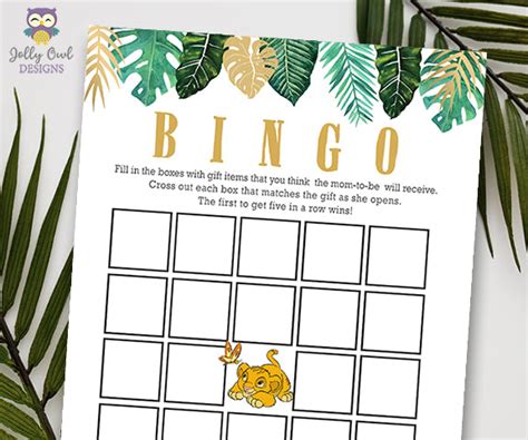 Jungle Safari Lion King Baby Shower Bingo Game Jolly Owl Designs