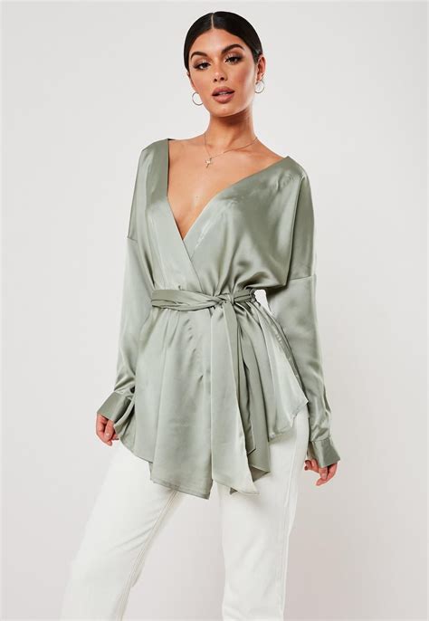 Green Oversized Satin Plunge Tie Waist Blouse Missguided Missguided