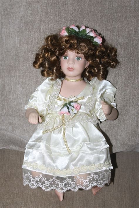 Vintage Porcelain Curly Brown Hair Doll Cotton Body Pearls W Etsy