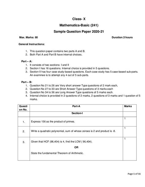 Cbse Class 10 Mathematics Basic Sample Paper 2021 With Marking Scheme Aglasem News