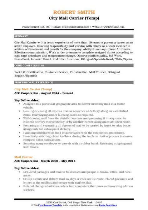 As mentioned above, a career summary is a concise and focused overview of your work history. Mail Carrier Resume Samples | QwikResume