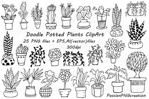 Doodle Potted Plants Clipart Hand Drawn Plants Potted Etsy Plant