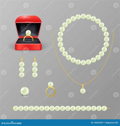 Realistic 3d Detailed Jewelry Items With Pearl Set Vector Stock Vector