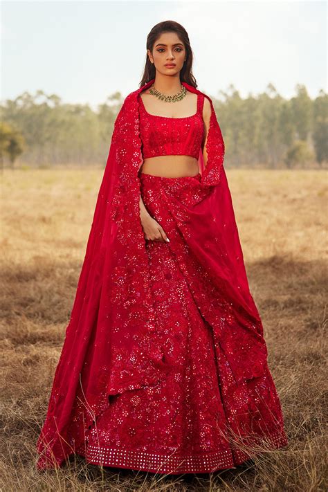 Buy Mishru Red Eliza Silk Lehenga Set Online Aza Fashions