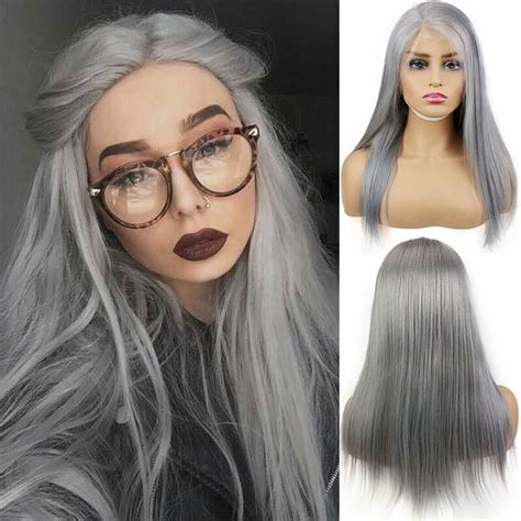Long Silver Grey Straight Human Hair Lace Wigeseewigs Lace Front Wigs Human Hair Lace Wigs