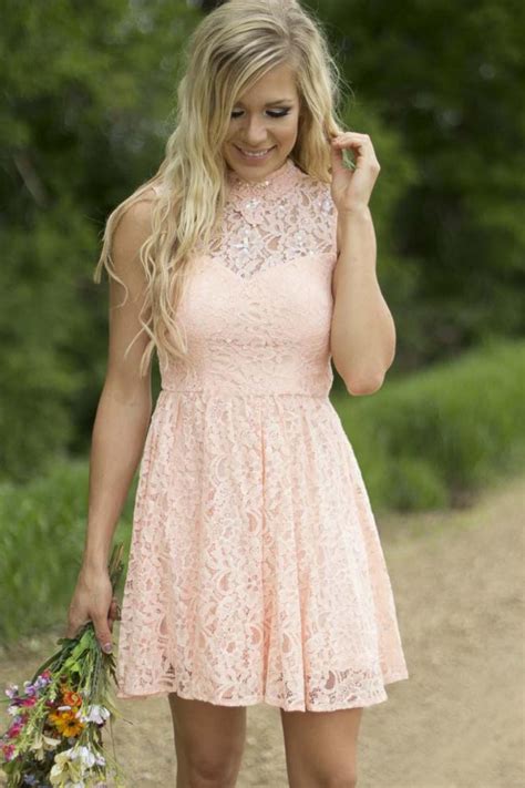 Modest Country Western Full Lace Peach Short Lace Bridesmaid Dresses