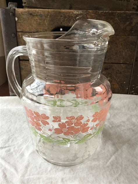 Large Charming Mid Century Ribbed Clear Glass Pitcher Pink Etsy