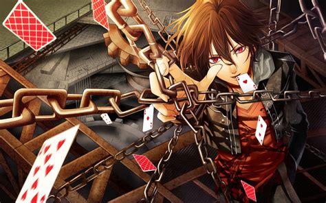 Cards Red Eyes Anime Boys Chains Looking Up Wallpaper
